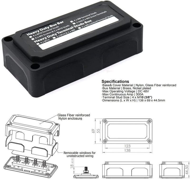 T Tocas 300A Bus Bar Box with Cover(Black) 4X 3/8" (M10) Studs 300 Amp 12V - 48V DC Power Distribution Block Busbar - Image 2